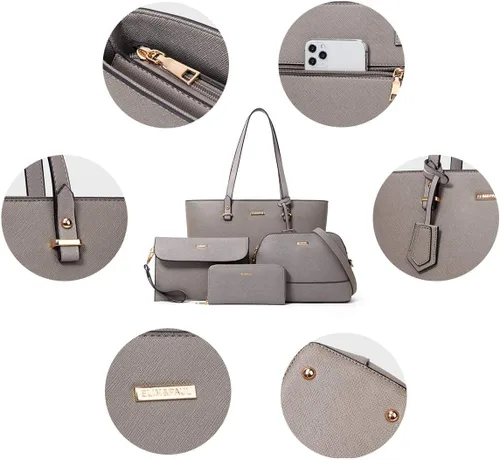 Miniatura 62 de Juego de 4 bolsas modernos para mujer de cuero sintético: bolso tote, bolso de hombro, bolso de mano y cartera.