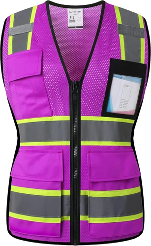 Miniatura 15 de Chaleco de seguridad para mujer, chaleco de alta visibilidad con 8 bolsillos y cremallera frontal, chaleco reflectante de malla que cumple