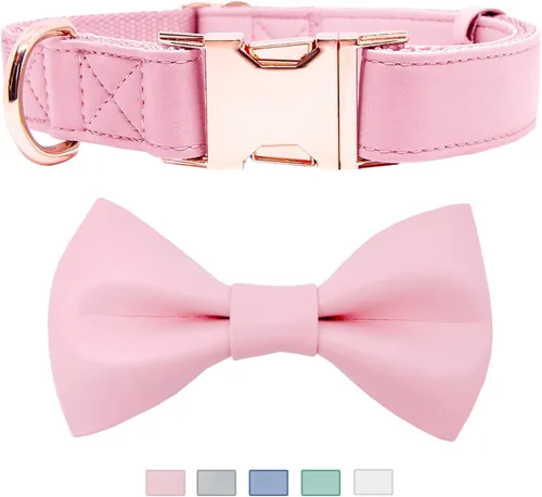 Miniatura 10 de Collar de cuero suave para perro, ajustable, lindo collar de pajarita [fácil de limpiar] con elegante hebilla de metal resistente de oro rosa