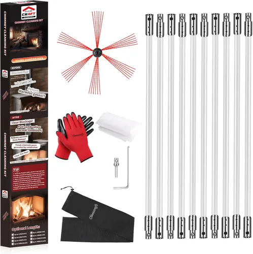 Miniatura 10 de Kit de limpieza de chimenea de 16 pies, kit de limpieza de chimenea con 5 varillas de chimenea flexibles, sistema de limpieza de chimenea giratorio