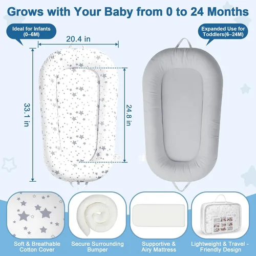 Miniatura 3 de Tumbona para bebé recién nacido de 0 a 24 meses, asiento portátil para bebés con soporte ergonómico, silla de bebé de algodón transpirable