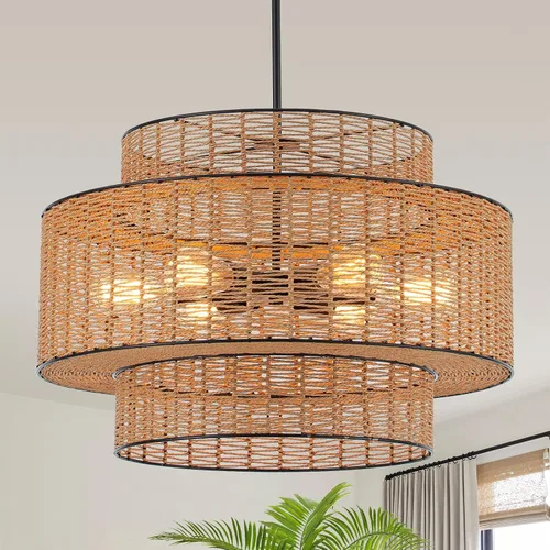 Miniatura 10 de Lámpara de araña bohemia de ratán de 17.7 pulgadas, lámpara de tambor dorada tejida a mano con 4 luces, lámpara de granja para comedor, dormitorio