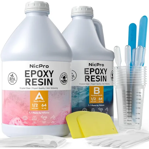 Nicpro Kit de resina epoxi transparente de 1 galón/128 onzas, suministros de resina sin burbujas y alto brillo para revestimiento de arte y