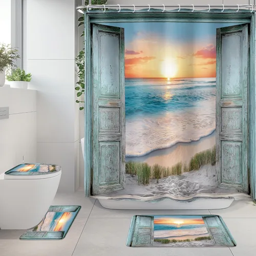 Miniatura 23 de Riyidecor Cortina de ducha para puerta de granero verde azulado para decoración de baño, 36 pulgadas de ancho x 72 pulgadas de alto, paisaje