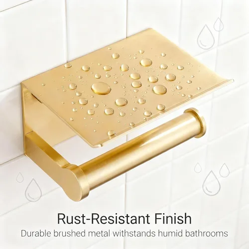 Miniatura 3 de YOUDA Soporte de papel higiénico dorado con estante de montaje en pared, autoadhesivo, sin taladro ni tornillo, aluminio resistente al óxido, ahorro