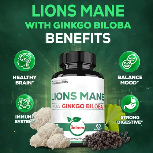 Miniatura 5 de Satoomi Suplemento de melena de león con ginkgo biloba, 60 cápsulas, extra fuerte para una mente reparadora, salud cerebral, sistema inmunológico