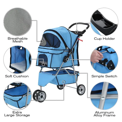Miniatura 2 de HCY Cochecito plegable para perros, 3 ruedas para mascotas, equipo para mascotas para gatos pequeños y medianos, perros, cachorros con cesta