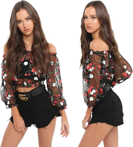 Miniatura 2 de RARITYUS Mujeres Sexy Floral Bordado Mesh T-Shirt Tulle Manga Corta Ver a través de Crop Tops
