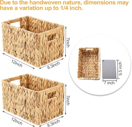 Miniatura 3 de Cestas rectangulares de mimbre de jacinto de agua, cesta de mimbre de 12 pulgadas, paquete de 2 cestas de almacenamiento tejidas con asas