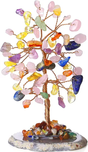 Árbol de Cristal - Árbol del dinero natural con base de rodajas de ágata multicolor, alambre de cobre, piedra de la vida que atrae la suerte para