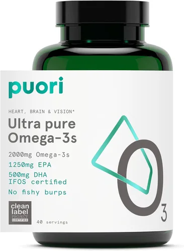 Puori Suplemento de aceite de pescado Omega 3 – Aceite de pescado capturado salvaje ultra puro y sin eructos con 2000 mg de ácidos grasos Omega 3,