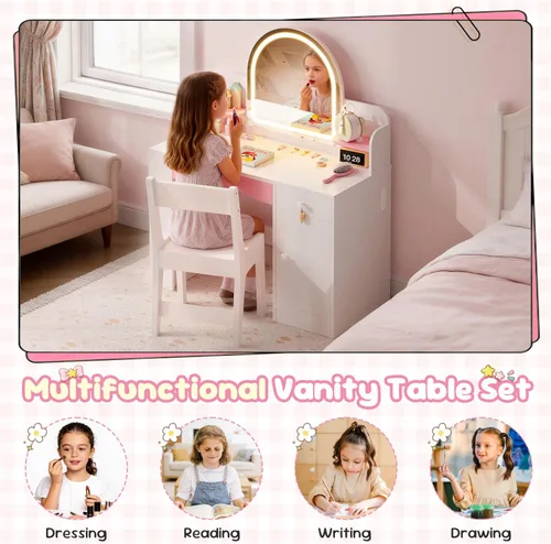 Miniatura 6 de Teckid Juego de tocador para niños con silla y luces, escritorio de maquillaje de princesa 2 en 1, mesa de tocador para niños pequeños con espejo