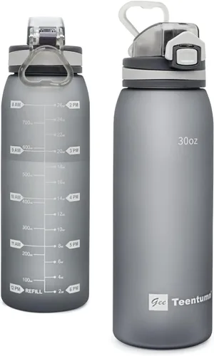 Miniatura 12 de Botella de agua deportiva de 30 onzas con marcadores de tiempo, botella grande y duradera de plástico para gimnasio, Tritan sin BPA, transparente