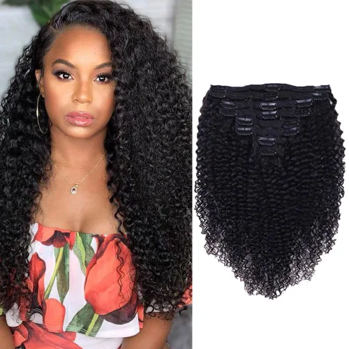 Miniatura 31 de Extensiones de cabello humano rizado con clip, 3C 4A, rizado con clip, cabeza completa, para mujeres negras, cabello humano brasileño Remy