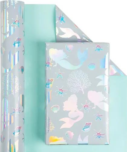 Miniatura 2 de WRAPAHOLIC Papel de regalo reversible, mini rollo, 17 pulgadas x 33 pies, sirena con diseño de lámina colorida para cumpleaños de niños, fiestas