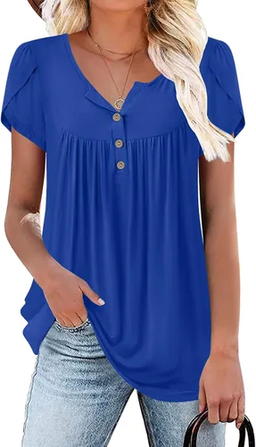 POPYOUNG - Camisetas Henley de verano para mujer, con botones, estilo casual, tipo túnica, manga corta
