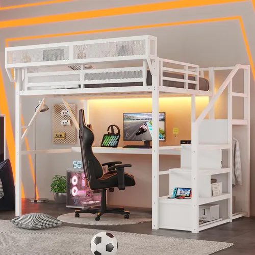Miniatura 11 de Base de cama Queen Loft con escaleras y almacenamiento, marco de cama de metal resistente, capacidad de 800 libras, para adultos y adolescentes