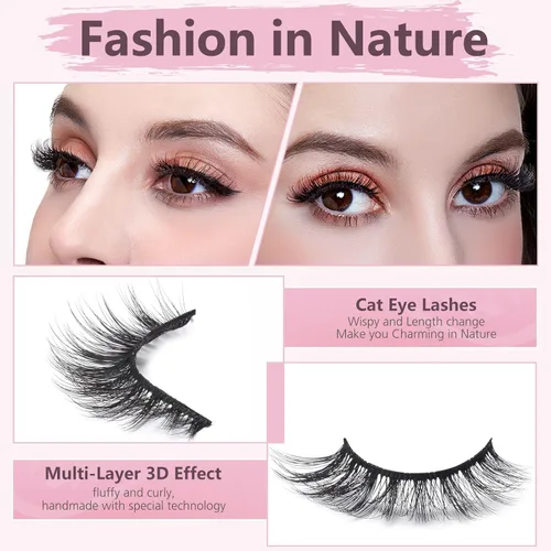 Miniatura 2 de Pestañas de ojo de aspecto natural 3D visón pestañas naturales 0.591 in 12pares de ojos de gato ligeras reutilizables pestañas postizas paquete