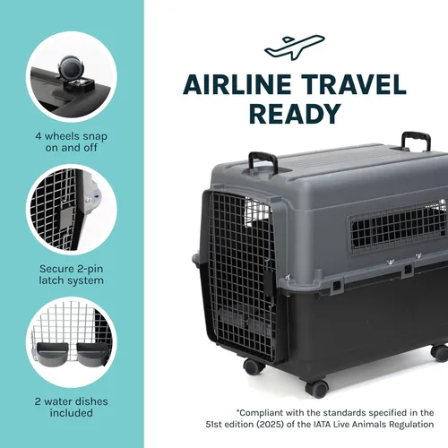 Miniatura 6 de SportPet - Jaula de viaje para perros con puerta de alambre aprobada por aerolíneas, de plástico duradero con ruedas extraíbles, plegable, cuencos