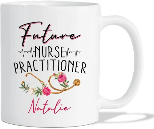 Miniatura 10 de Taza personalizada para enfermera practicante, 11 oz y 15 onzas, cerámica blanca, mango en C, nombre personalizado, regalo de jubilación NP