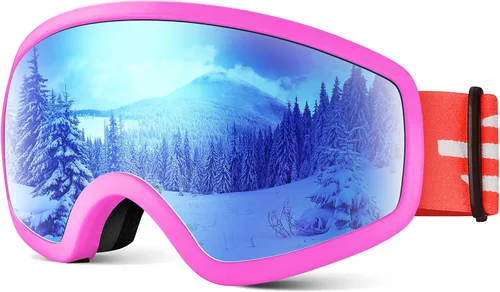 Gafas de esquí para niños, gafas de esquí de nieve para niños, jóvenes, adolescentes, niños y niñas de 5 a 14 años 05.pink con lente roja plateada