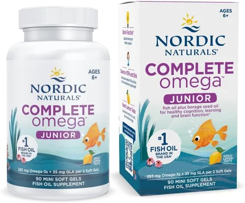 Nordic Naturals Complete Omega Jr., Limón, 90 mini geles blandos, 283 mg de Omega-3 totales y 35 mg de GLA, cognición saludable, función del sistema