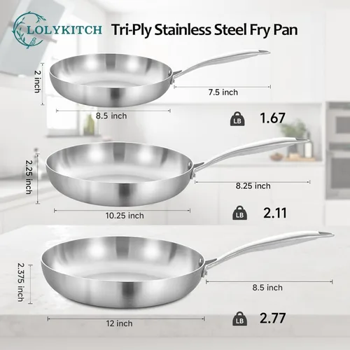 Miniatura 7 de LOLYKITCH Set de sartenes de acero inoxidable tricapa de 8.5-10-12 pulgadas con tapas, sartenes, sartenes de inducción, aptas para lavavajillas