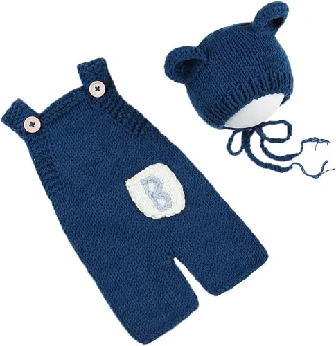 Miniatura 8 de Traje de oso de fotografía para recién nacido, traje de ganchillo para sesión de fotos de bebé, mameluco de punto para niño y niña