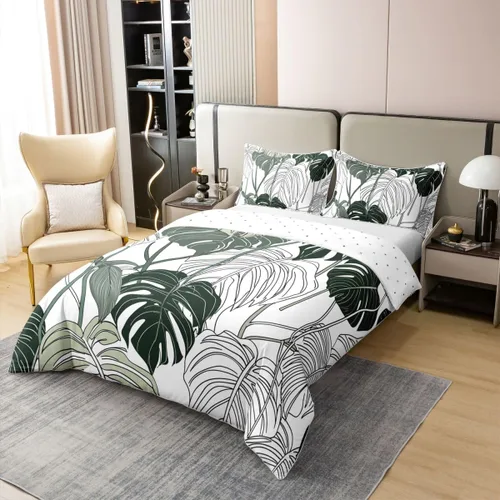 Miniatura 3 de Juego de ropa de cama 100% de algodón natural con hojas de palmera, funda de edredón Monstera con hojas tropicales, rama de hojas tropicales, funda