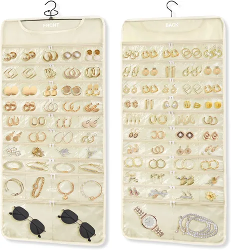 Miniatura 12 de FOREGOER Organizador de joyas colgante de doble cara, 43 bolsillos, organizador grande de accesorios para collares, aretes, (negro)
