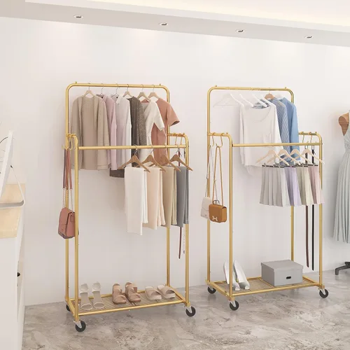 Miniatura 6 de Simple Trending - Perchero para ropa de doble varilla, estante resistente con ruedas para colgar ropa, con 4 ganchos, color dorado