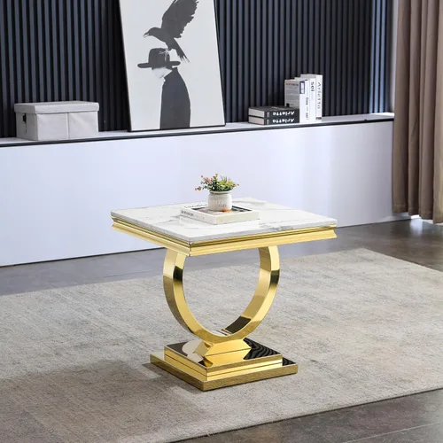 Miniatura 8 de Mesa auxiliar moderna de mármol sintético, mesa auxiliar de mármol sintético con marco geométrico, mesa central rectangular de mármol, mesa de té