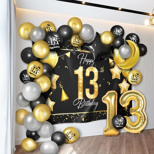 Miniatura 11 de Juego de globos dorados de feliz cumpleaños número 10 – Saludos a los 10 años de edad, guirnalda temática de fiesta con estrellas y luna, decoración