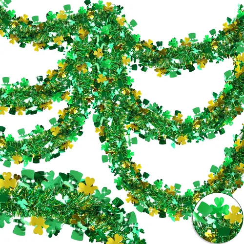 Miniatura 8 de Guirnalda decorativa de 33 pies para el día de San Patricio, guirnalda de oropel con sombrero de trébol verde dorado, guirnalda metálica brillante
