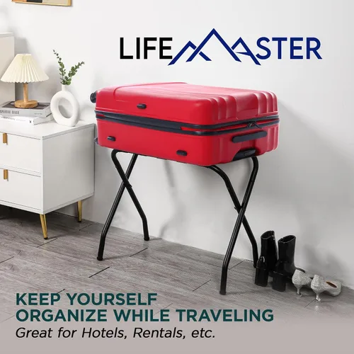 Miniatura 7 de Lifemaster Portaequipajes de metal – Paquete de 4 soportes plegables, fáciles de montar, ahorro de espacio y elegante marco de acero para maletas