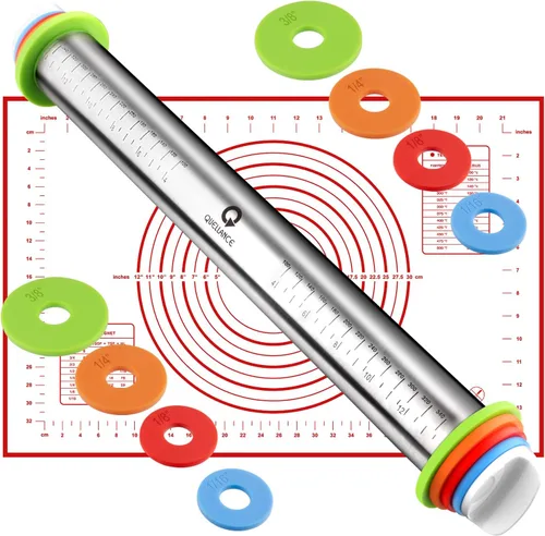 Juego de rodillos y alfombrillas para hornear pastelería, rodillos con anillos de grosor ajustable, rodillo de masa de acero inoxidable para hornear