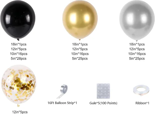 Miniatura 5 de Kit de guirnalda de arco de globos de Año Nuevo, suministros para fiesta de Año Nuevo 2025, globos negros, dorados y plateados, globos de confeti