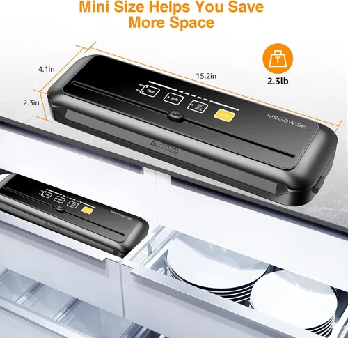 Miniatura 3 de MEGAWISE - Máquina selladora al vacío Potencia de succión de 80 kPa Incluye bolsas y cortador Selladora automática compacta de un solo toque
