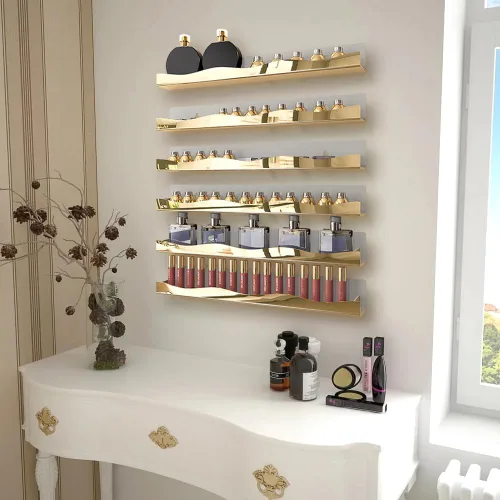 Miniatura 6 de YMVV Estantes de esmalte de uñas montados en la pared, estante organizador de esmalte de uñas con acabado de espejo dorado de 5 pulgadas, estante