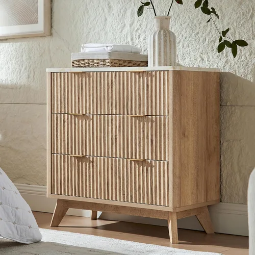 Miniatura 8 de T4TREAM Cómoda acanalada de 3 cajones, cómoda moderna de 32 pulgadas de alto, diseño de perfil curvo, organizador de cajones de madera para Aliso