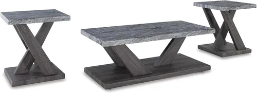 Signature Design by Ashley Bensonale - Juego de mesa ocasional contemporánea con tapa de mármol sintético y ruedas, juego de 3, gris y marrón oscuro