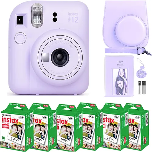 Fujifilm Instax Mini 12 - Cámara instantánea color morado lila y película Fuji (60 hojas) paquete con accesorios Sturdy Tiger, funda de transporte,