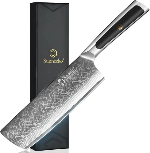 Sunnecko Cuchillo de Cocina de Damasco de 7 Pulgadas Cuchillo Cleaver de Acero Inoxidable VG-10 Cuchillo de Cortar con Mango Sólido Cuchillo Nakiri