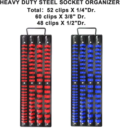 Miniatura 3 de CASOMAN Bandeja organizadora portátil de 80 piezas, juego de 2 piezas, azul y rojo, 1/4 pulgadas, 3/8 pulgadas, 1/2 pulgadas, organizador