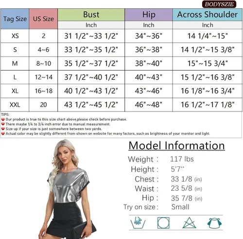 Miniatura 4 de MISS MOLY Camisetas brillantes de manga corta con cuello redondo holográfico metálico brillante para mujer