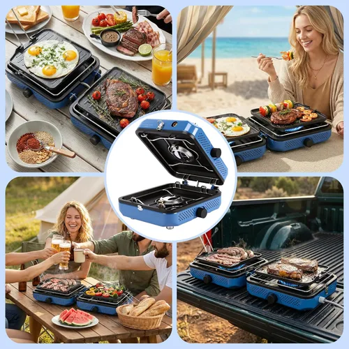 Miniatura 8 de Hisencn Estufa de campamento, estufa de campamento de propano de 2 quemadores, plancha dual, estufa de propano portátil de 30,000 BTU con bolsa
