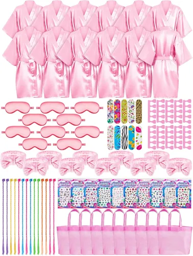 Xuhal 92 piezas de recuerdos de fiesta de spa para niñas, suministros de fiesta de pijama, batas de satén para niños, fiestas de pijamas con bolsas