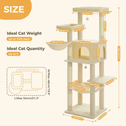 Miniatura 2 de PAWZ Road Árbol Grande para Gatos, Torre para Gatos de 73 Pulgadas de Altura con 1 Gran Asiento Acolchado, 2 Hamacas Espaciosas, 8 Postes Largos