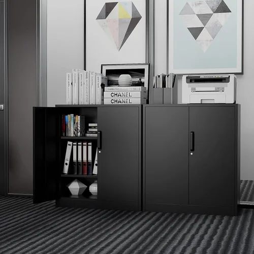 Miniatura 2 de PEUKC Armario de almacenamiento de metal con cerradura, gabinetes de almacenamiento pequeños de acero de 36 pulgadas, 2 estantes ajustables, 2 Negro