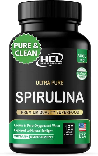 Cápsulas de espirulina en polvo de 3000 mg – Algas azules verdes no irradiadas más puras – La mejor proteína vegana cruda – Superalimento verde –